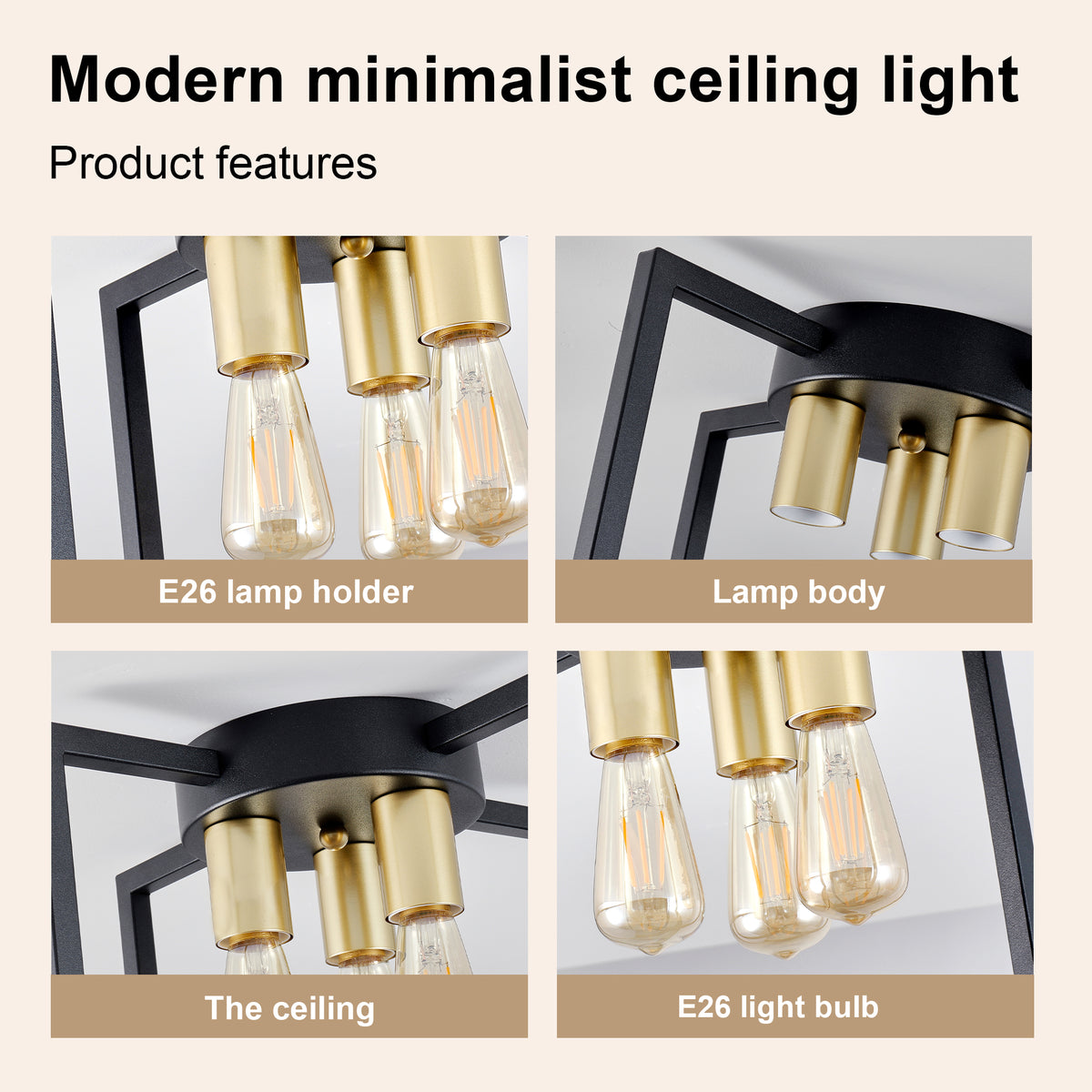 3-Light Semi Flush Mount Ceiling Light, Industrial Black Metal Geometric Square Frame with Gold Socket, Farmhouse Ceiling Lamp for Bedroom Living Room Hallway Entryway Home Decor