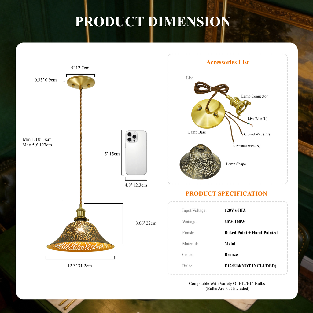 Vintage Cutout Metal Pendant Light, Gold Interior Laser Engraved Hanging Lamp for Kitchen Island Dining Room