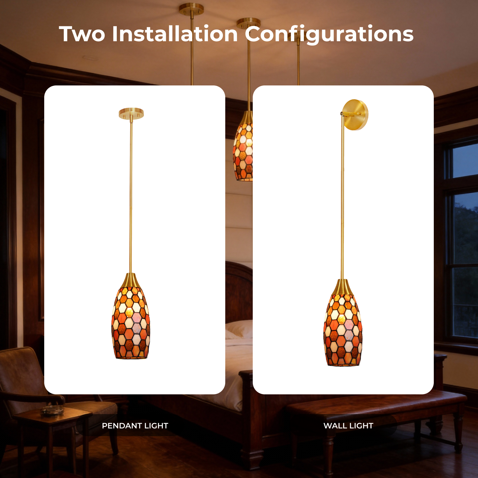 ALUCSET Brown Tiffany Pendant Light, 4.8"W×7.8"H Victorian Style Hanging Lamp for Dining Bedroom Living Room
