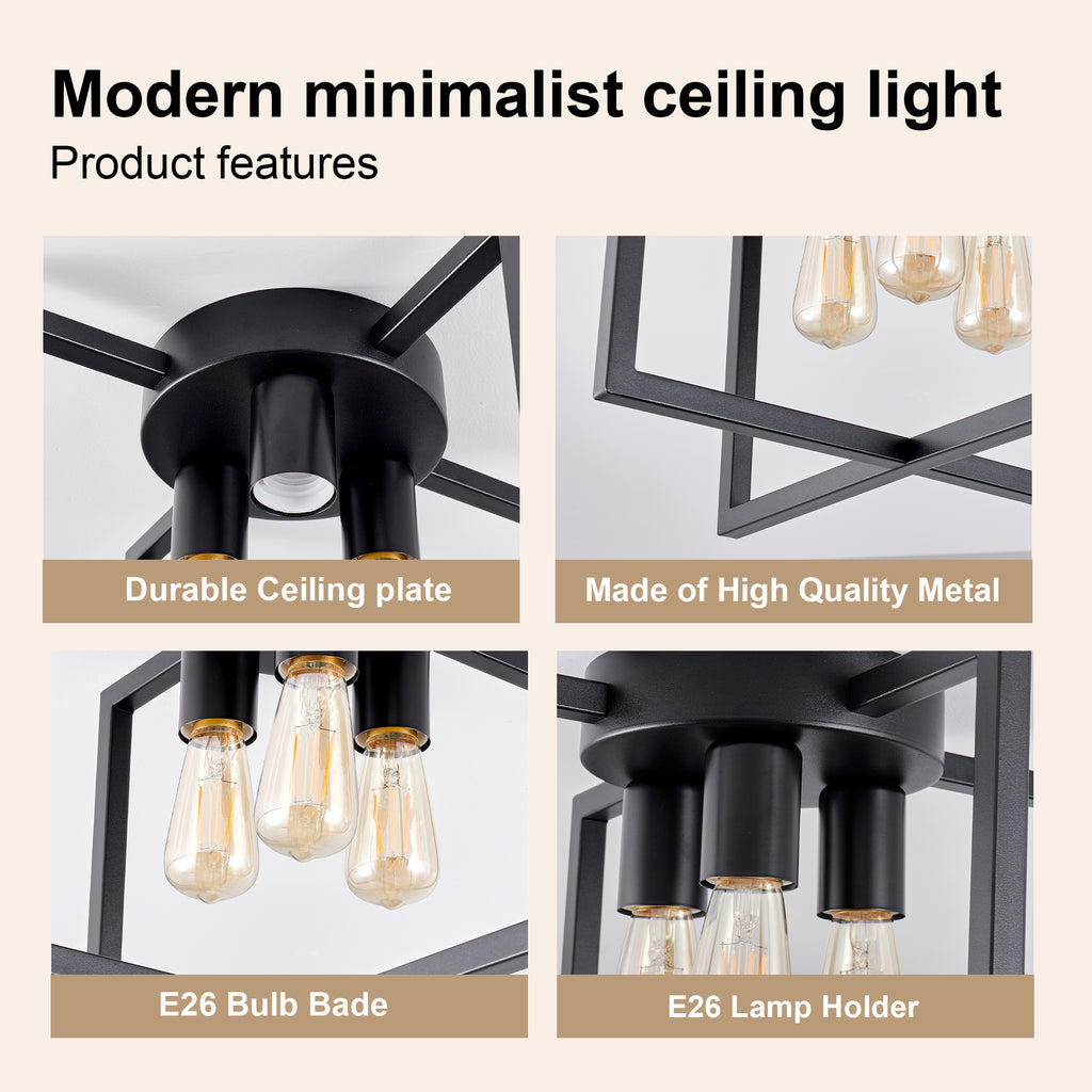 3-Light Semi Flush Mount Ceiling Light, Industrial Black Metal Geometric Square Cage Chandelier, Farmhouse Ceiling Lamp for Bedroom Living Room Hallway Entryway Home Decor