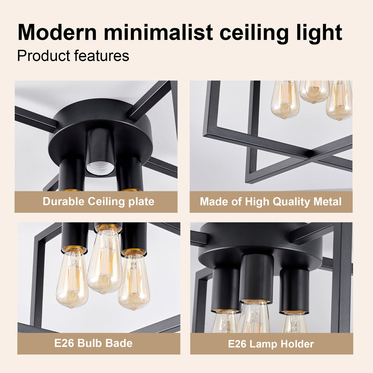 3-Light Semi Flush Mount Ceiling Light, Industrial Black Metal Geometric Square Cage Chandelier, Farmhouse Ceiling Lamp for Bedroom Living Room Hallway Entryway Home Decor