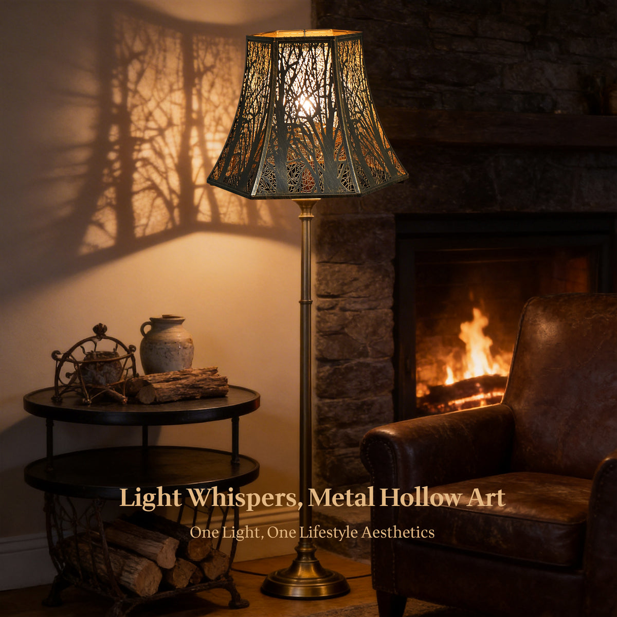 ALUCSET 6.2"×13"×10.8" Hexagonal Lamp Shade, Bronze Gold Forest Tree Etched Metal Lampshade with Spider Fitter for Table & Floor Lamps