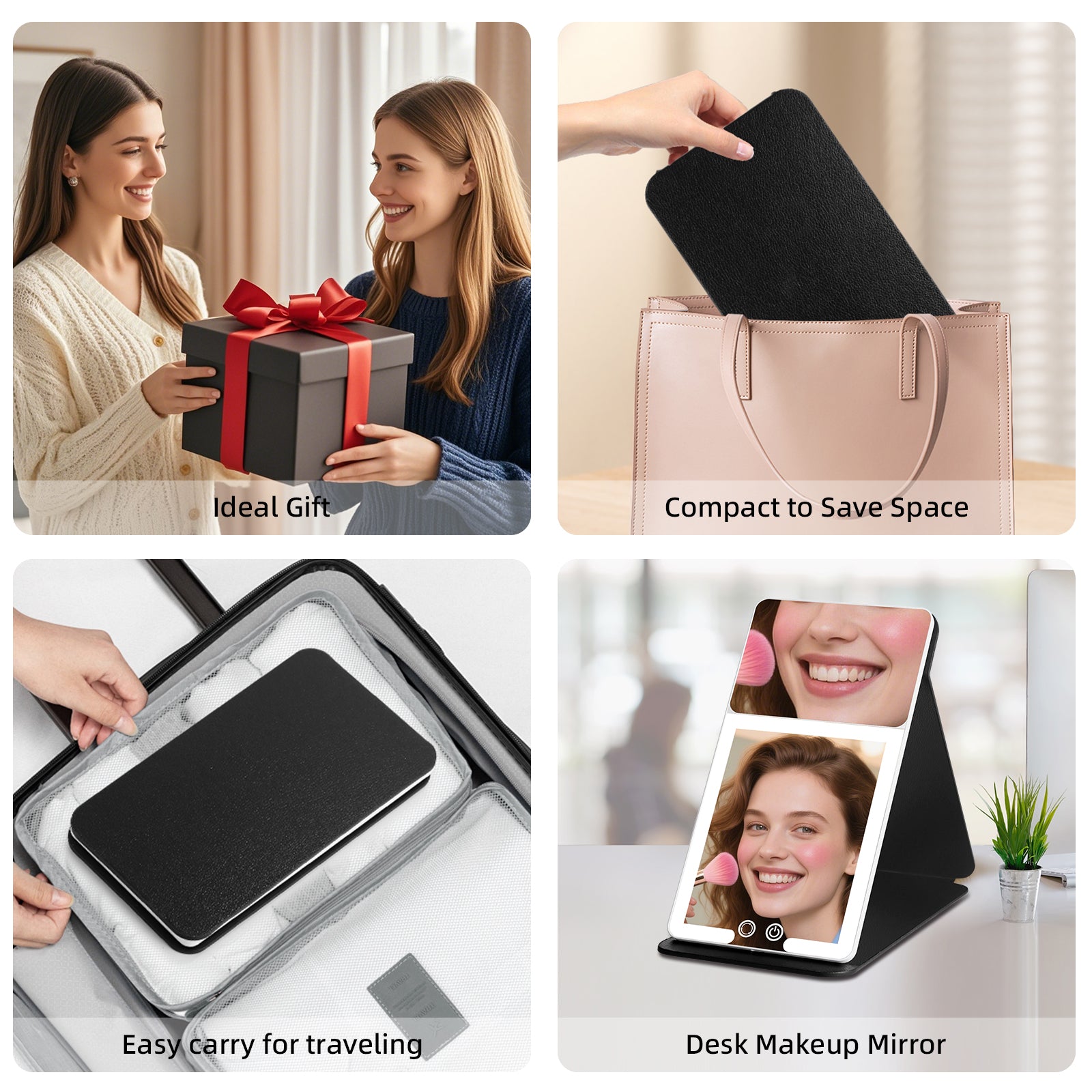 20X Magnification LED Travel Mirror  3Color Light Black Leather Case Portable