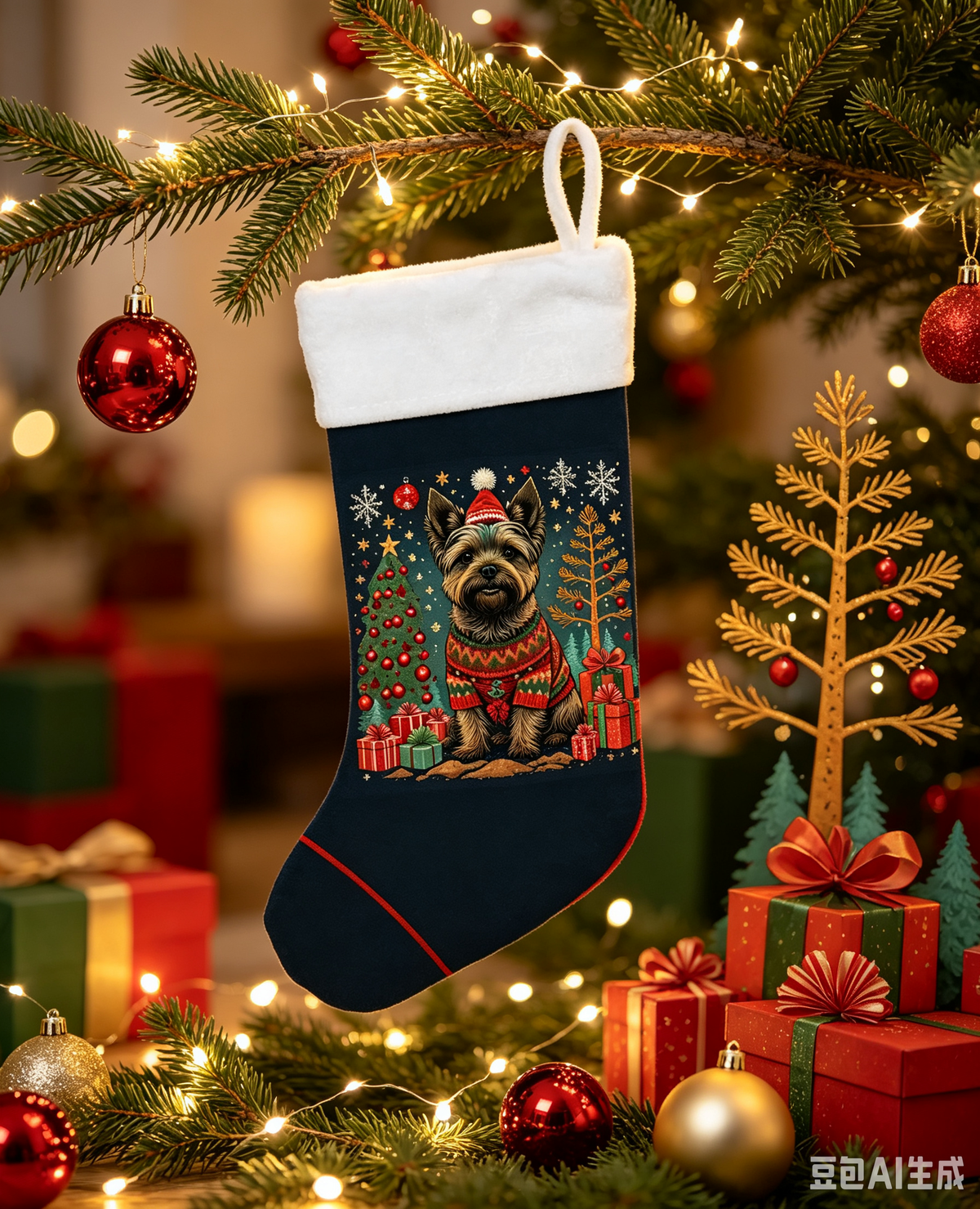 Yorkshire Terrier Christmas Stocking, Soft Plush Cuff Holiday Sock, Xmas Decor Gift Bag for Yorkie Dog Lovers