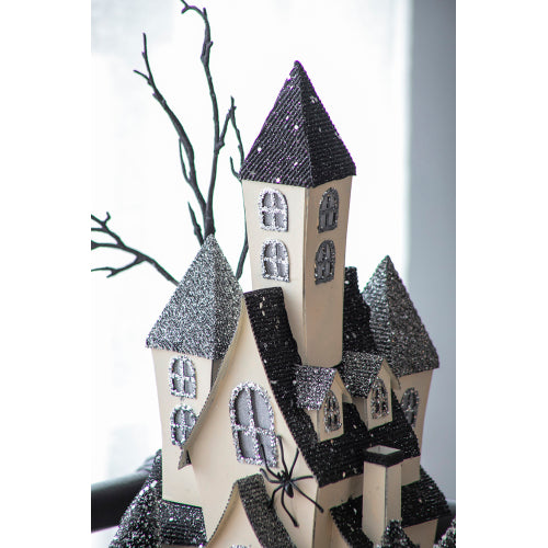 Lighted Haunted House Halloween Decor, Battery Powered Cardboard Spooky House, 10x8.3x13.5 Inch Black Beige Tabletop Ornament for Holiday Party Decoration