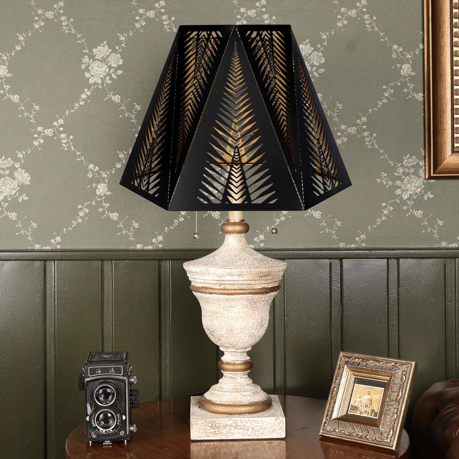 "Vintage Metal Lamp Shade with 12-Side Etched Spike Pattern for Table/Floor Lamps, Outdoor & Indoor Decor, 7 x 13.8x 9.5， Inches (Black/Gold Finish)"