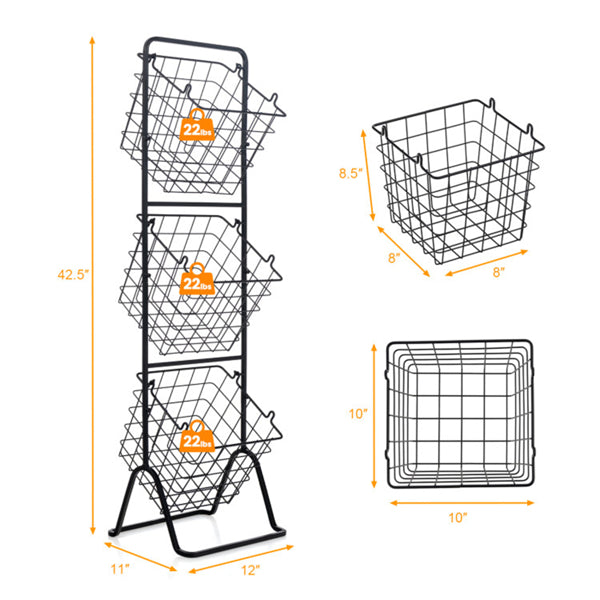 AEELLEEA 3-Tier Wire Basket Storage Rack, Adjustable Freestanding Metal Organizer with Removable Baskets, Black