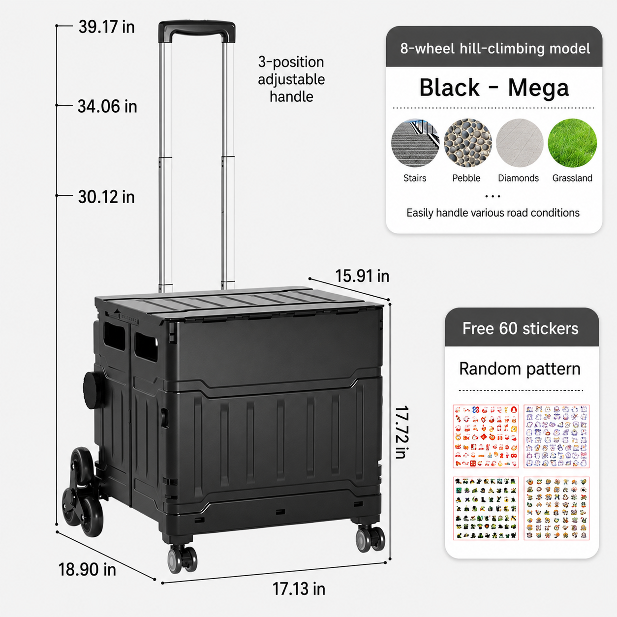 AEELLEEA Foldable Utility Cart with Lid, Portable Rolling Crate with Telescopic Handle & Stair Climbing Wheels, Collapsible Shopping Cart for Grocery, Picnic & Camping