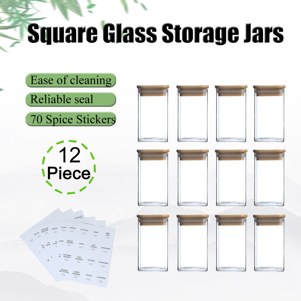 12-Pack 4 oz Square Glass Spice Jars with Bamboo Lids and 70 Labels, Clear Seasoning Storage Containers