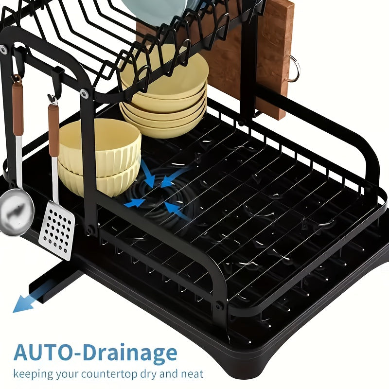 Large Dish Drying Rack - Stainless Steel Metal Dish Drying Rack for Kitchen Counter and Sink,2 Tier Dish Drainer with Drainboard,Black Kitchen Storage Rack with Cups Holder and Utensil Holder