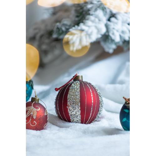 AEELLEEA 4.7" Red Glitter Striped Glass Christmas Ball Ornaments Set of 4, Hanging Baubles for Xmas Tree Holiday Decor