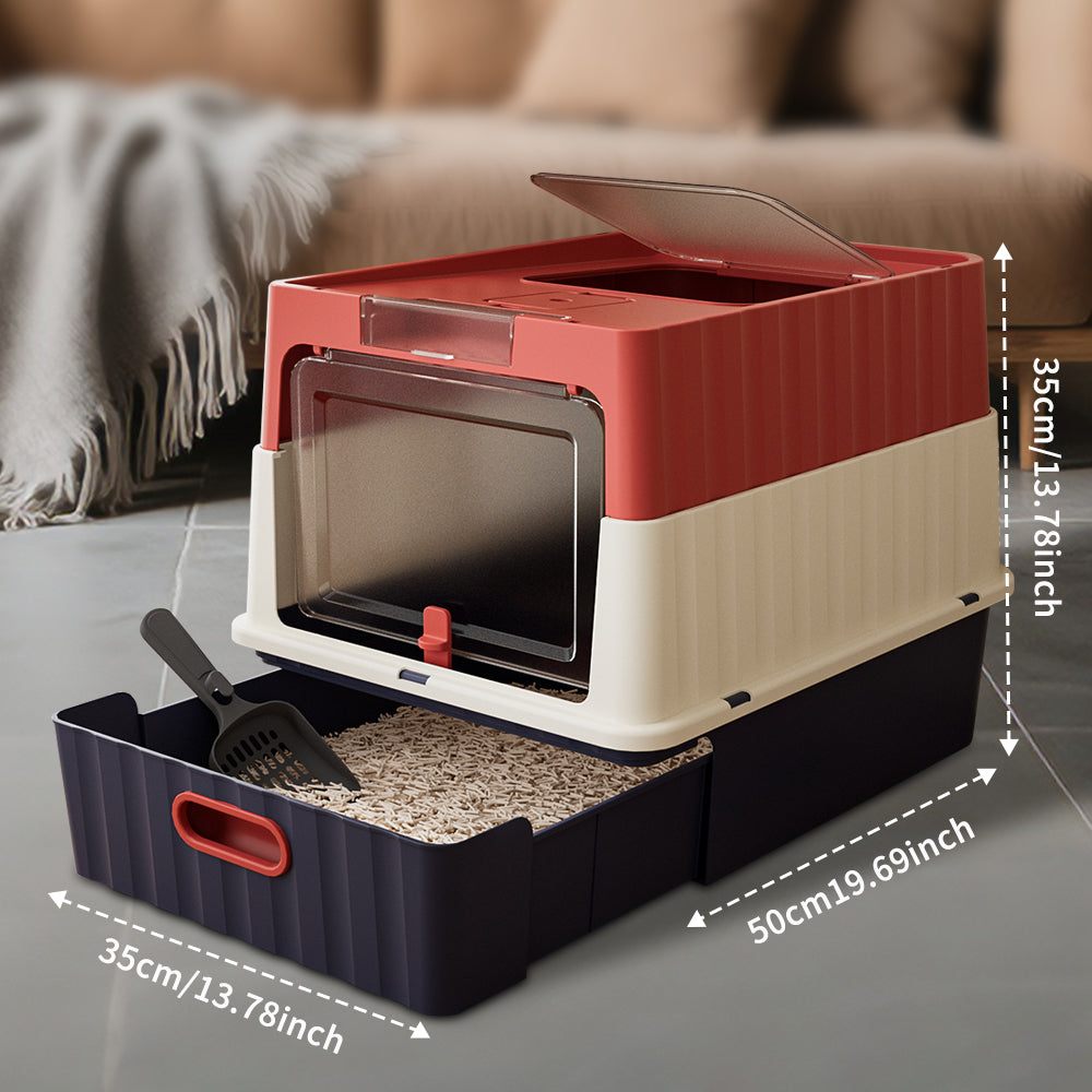 Convertible Enclosed Cat Litter Box with Pull-Out Drawer, Front Door, Top Vent Panel & Litter Scoop, Red, 19.69" x 13.78" x 13.78"