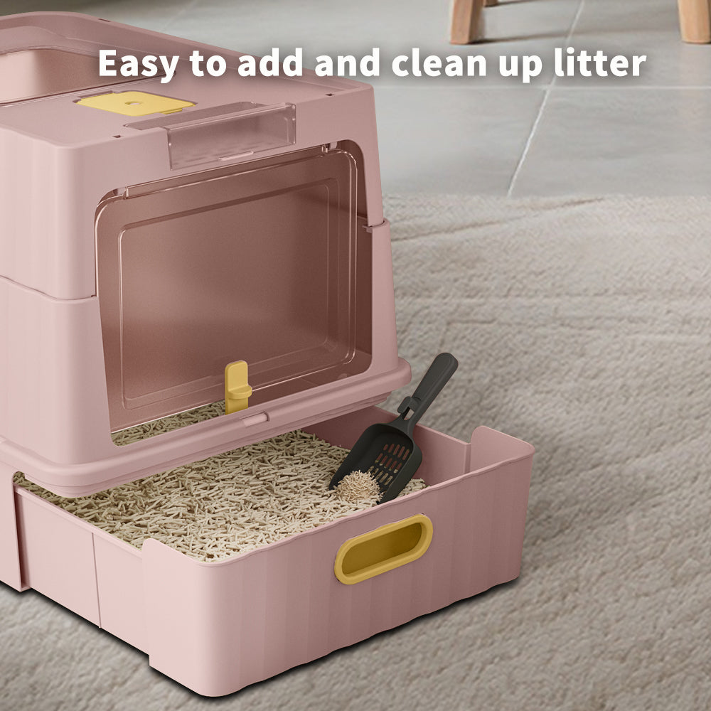 Convertible Enclosed Cat Litter Box with Pull-Out Drawer, Front Door, Top Vent Panel & Litter Scoop, Pink, 19.69" x 13.78" x 13.78"