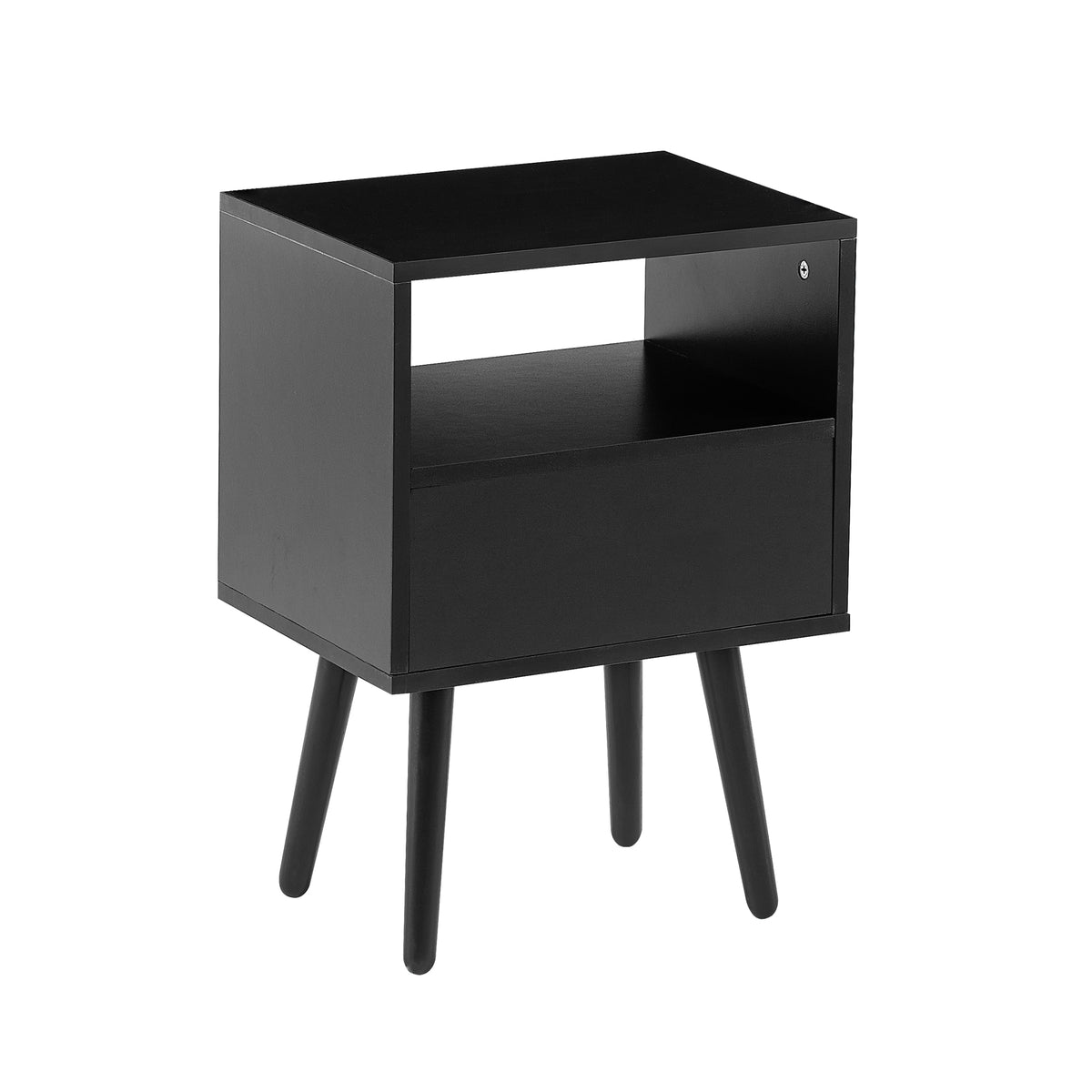 AEELLEEA- Black Rectangle Side Table, MDF Frame with Solid Wood Legs & Rattan Accent, 120 lbs Weight Capacity
