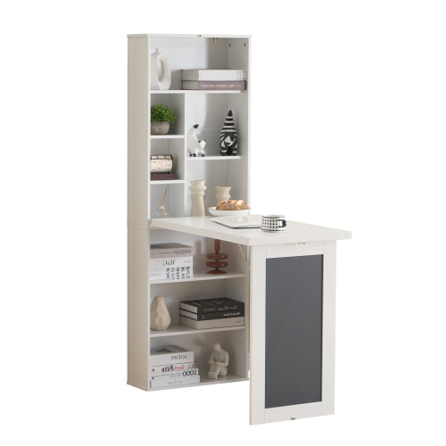 AEELLEEA Fold out Wall Mount Murphy Desk with Storage Shelves & Chalkboard, Space Saving Convertible Writing Table for Home Office