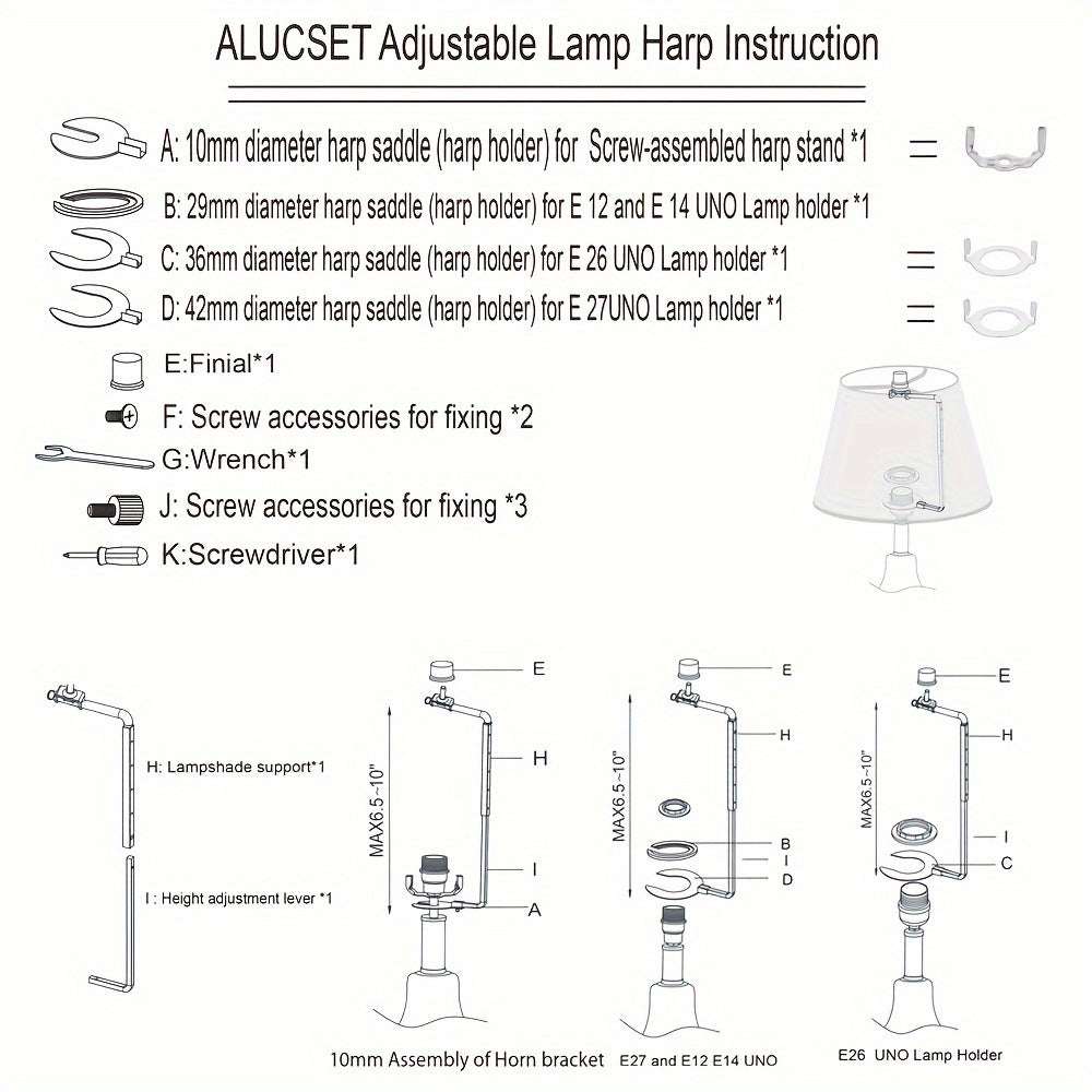 Adjustable Universal Lamp Harp for E12/E14/E26/E27, Height 6.5"-10" Lampshade Bracket
