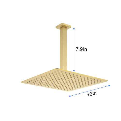 AEELLEEA 10 Inch Square Rain Shower Head with 7.9 Inch Ceiling Mount Arm, Brushed Gold Overhead Rainfall Shower for Bathroom