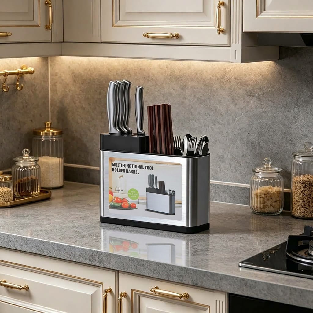 Multifunctional Kitchen Utensil Holder, Stainless Steel Countertop Knife & Cutlery Storage Organizer with Drain Holes for Kitchen Counter