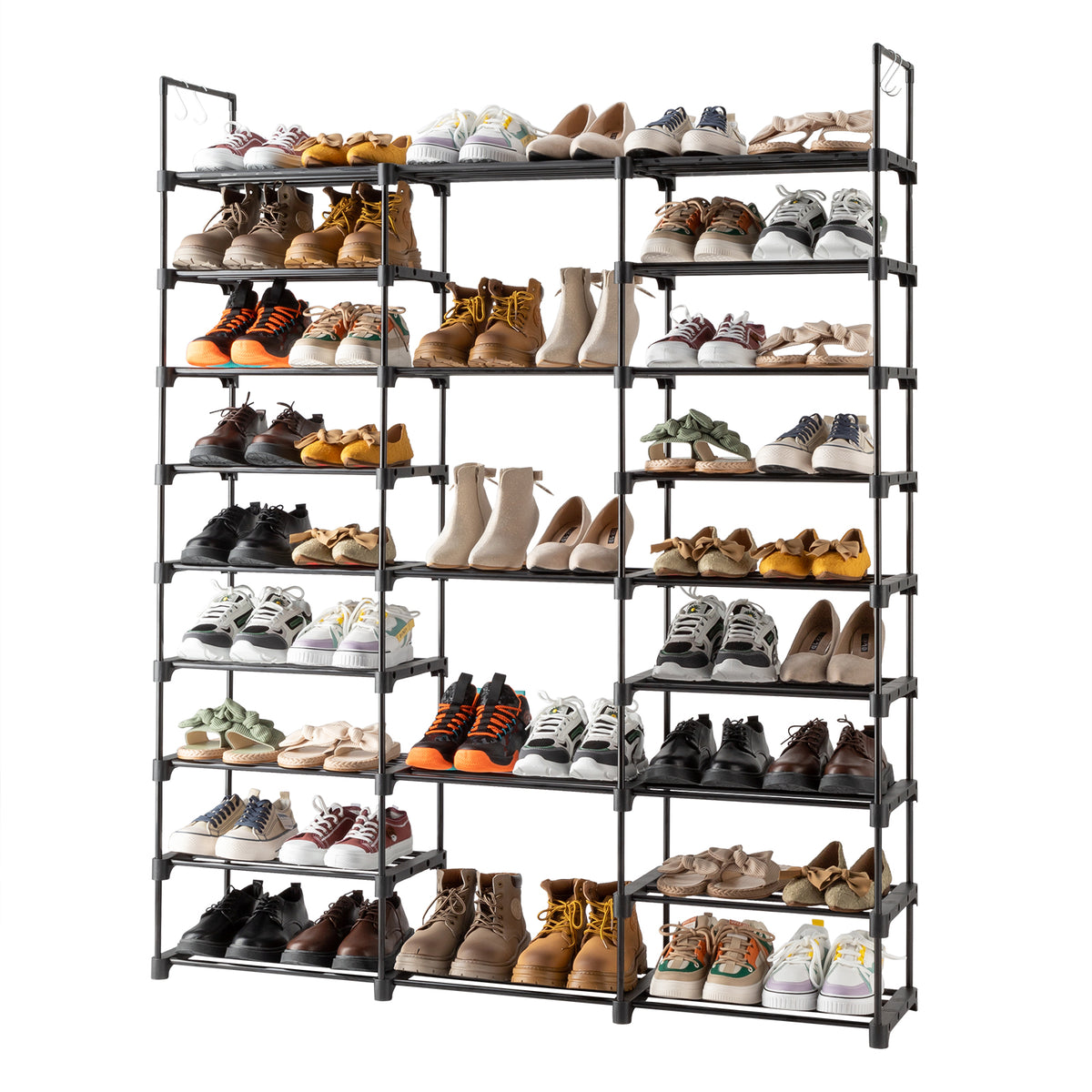 AEELLEEA- 9-Tier Freestanding Shoe Rack Organizer, Large Storage Holds 50-55 Pairs, Adjustable Height Metal Shoe Shelf with Hooks