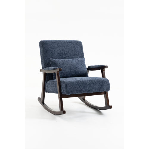 Mid Century Modern Rocking Chair, Wood Rocker with Navy Blue Fabric Cushion and Throw Pillow, Living Room Chair