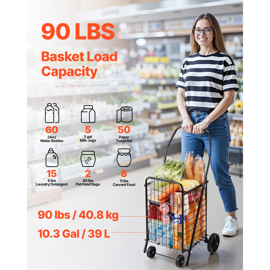 Shopping Cart, Folding Grocery Utility Cart with Swivel Wheels, 90 LBS Large Load Capacity, Heavy Duty Rolling Laundry Basket Butler for Laundry, Shopping, Camping, Grocery, Luggage, Black