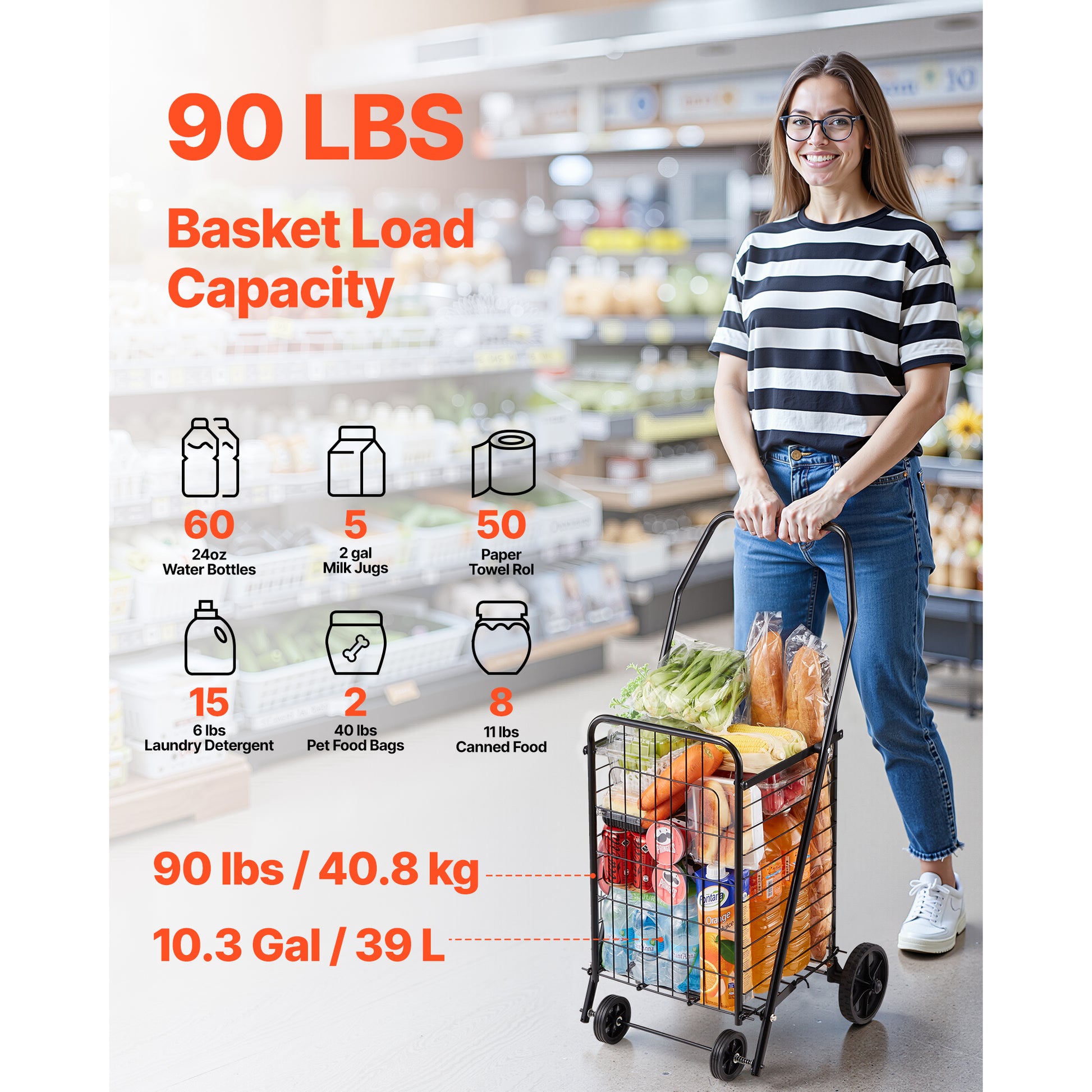 Shopping Cart, Folding Grocery Utility Cart with Swivel Wheels, 90 LBS Large Load Capacity, Heavy Duty Rolling Laundry Basket Butler for Laundry, Shopping, Camping, Grocery, Luggage, Black