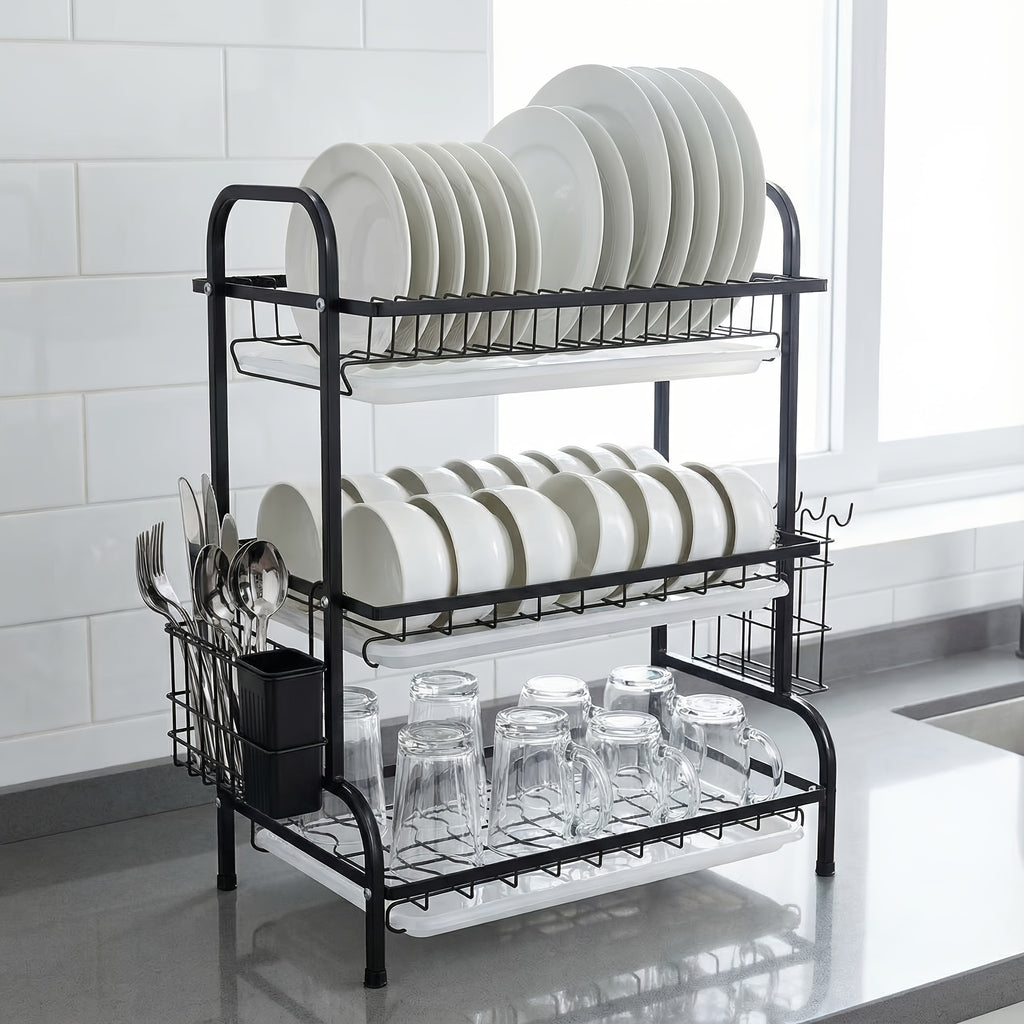 3-Tier Dish Drying Rack with Drain Tray & Utensil Holder, Kitchen Countertop Organizer for Plates, Bowls, Cups & Cutlery Storage