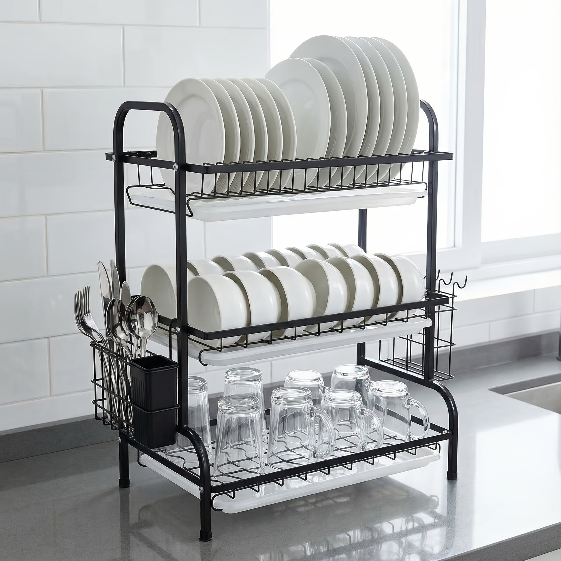 3-Tier Dish Drying Rack with Drain Tray & Utensil Holder, Kitchen Countertop Organizer for Plates, Bowls, Cups & Cutlery Storage
