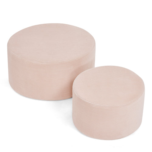 AEELLEEA Set of 2 Pink Round Ottomans, Ribbed Upholstered Footstools for Living Room