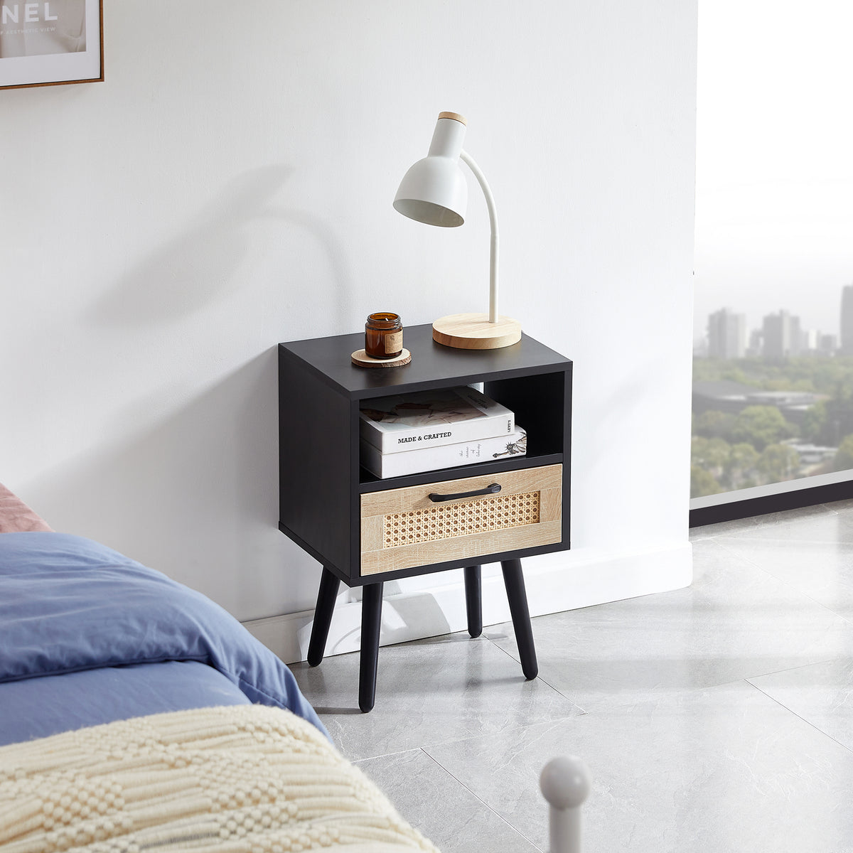 AEELLEEA- Black Rectangle Side Table, MDF Frame with Solid Wood Legs & Rattan Accent, 120 lbs Weight Capacity