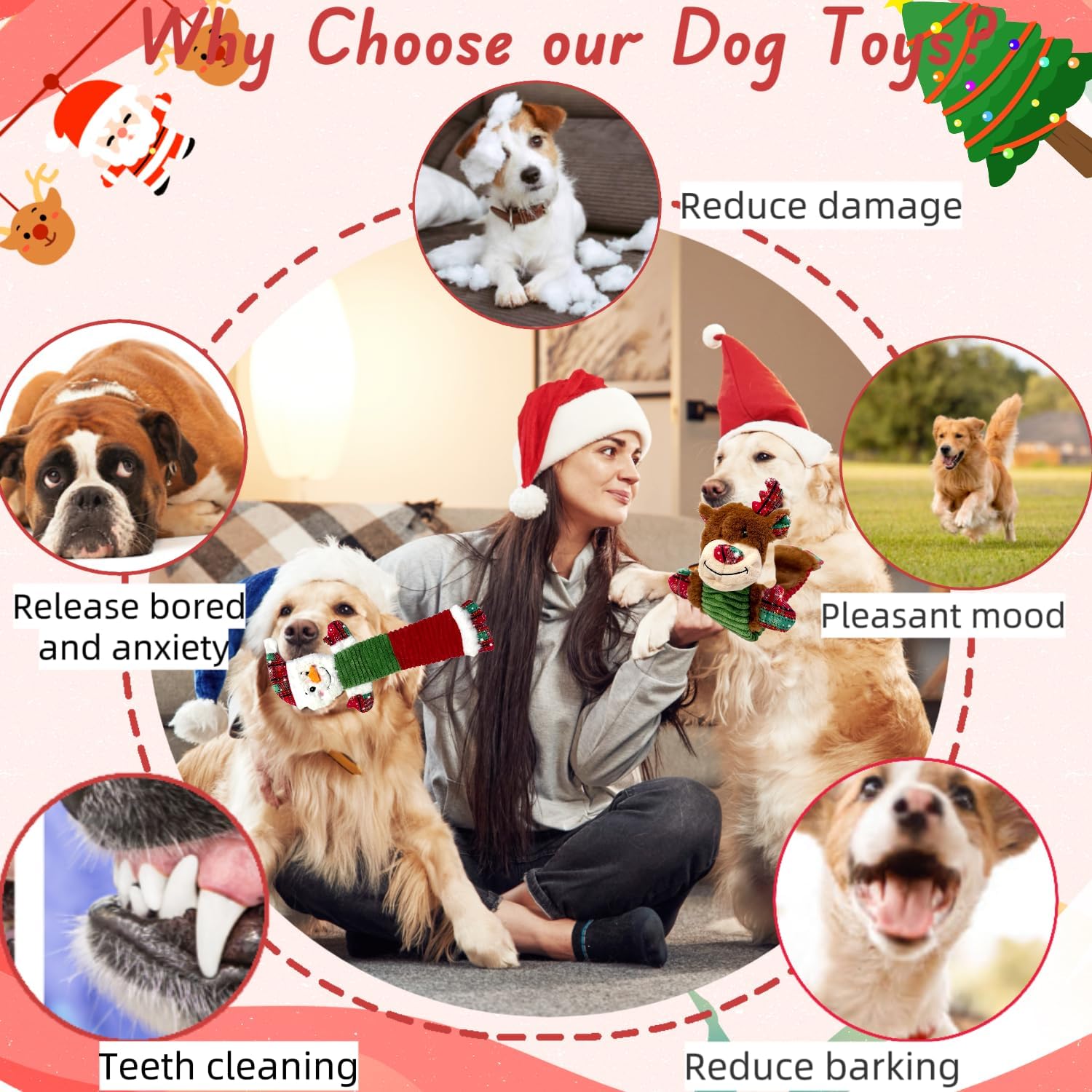 3PCS Christmas Dog Squeaky Toys with Crinkle, Xmas Interactive Plush Toys to Boredom, Dog Enrichment Chew Toys to Keep Them Busy, for Small Medium Large Size Santa Claus/Snowman/Deer