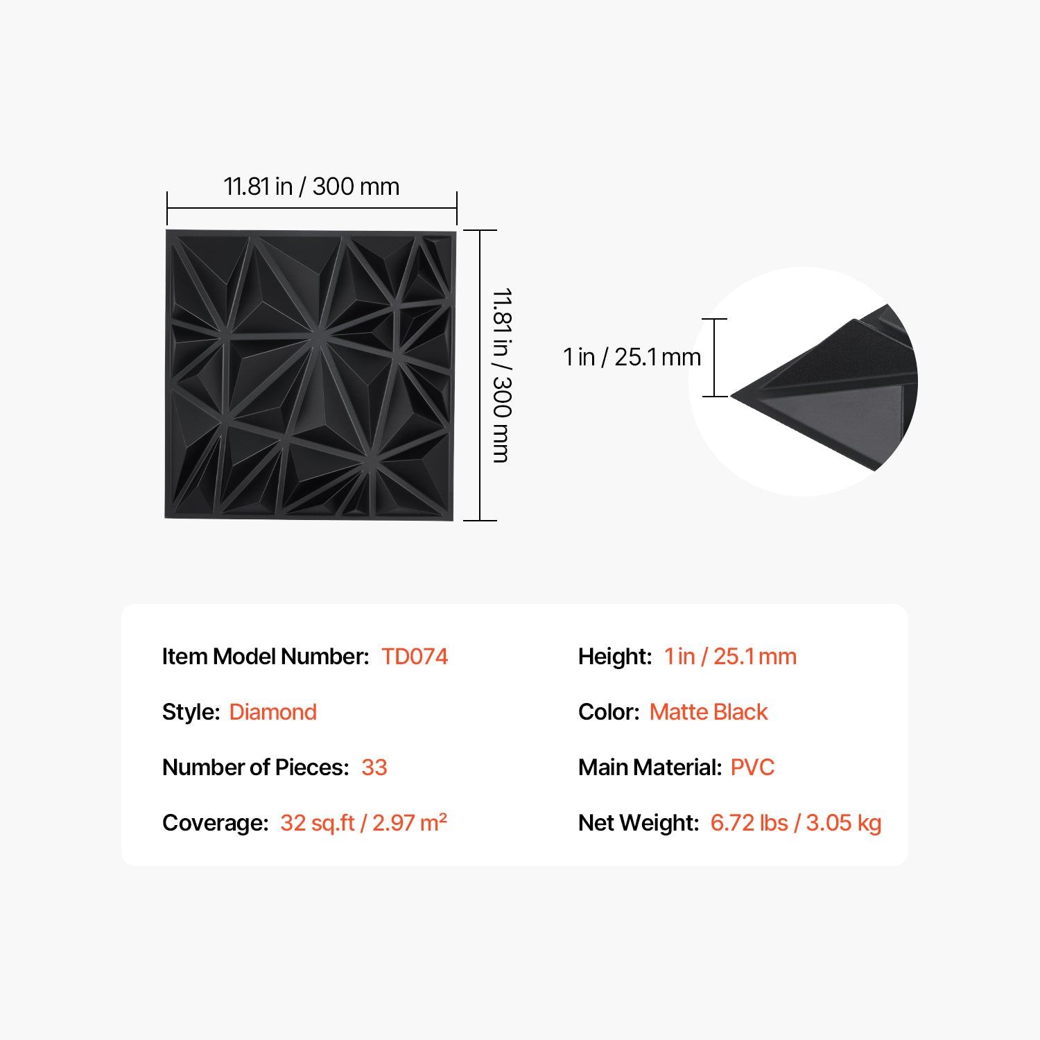3D Wall Panels 33-Pack, 11.81" x 11.81" Diamond Matte Black Textured PVC - 32 Sq. Ft Coverage