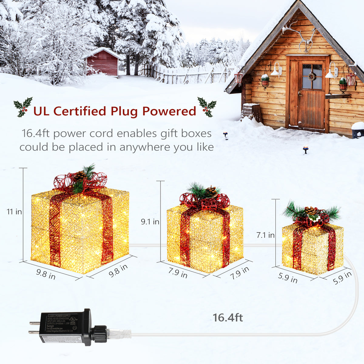 AEELLEEA-3Pcs Golden Lighted Gift Box Decor Set, 10/8/6 Inch, with 5M UK Plug Power Cord, Illuminated Gift Boxes for Christmas Holiday Garden Indoor Outdoor Decoration