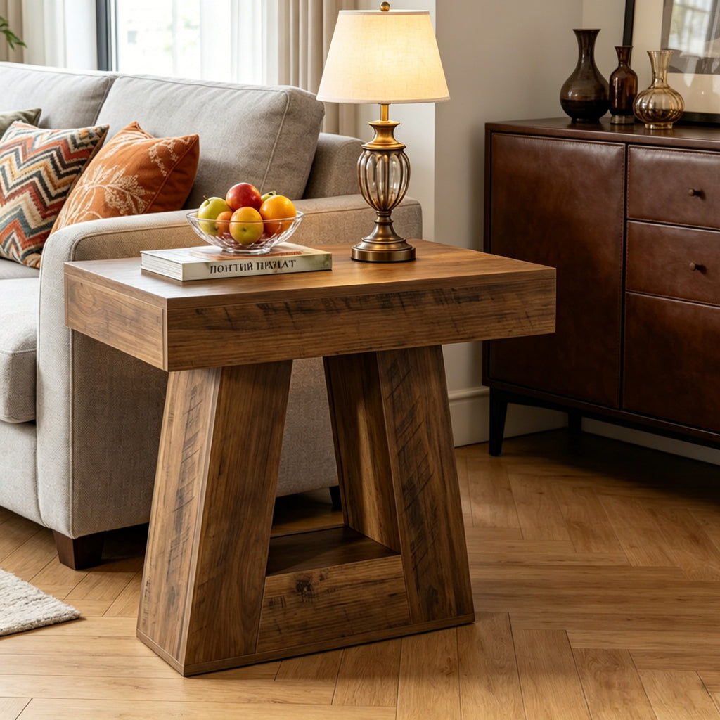 AEELLEEA Rustic Wood Grain End Table, 23.62"H x 23.62" L x15.75" W, Geometric Side Table with Open Storage Compartment for Living Room