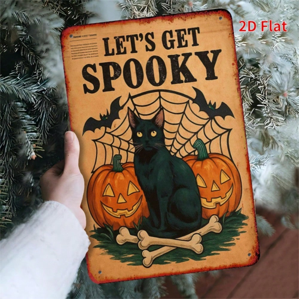 Halloween Retro Square Metal Tin Sign, Black Cat & Pumpkin 2D Flat Wall Hanging Decor for Home Party