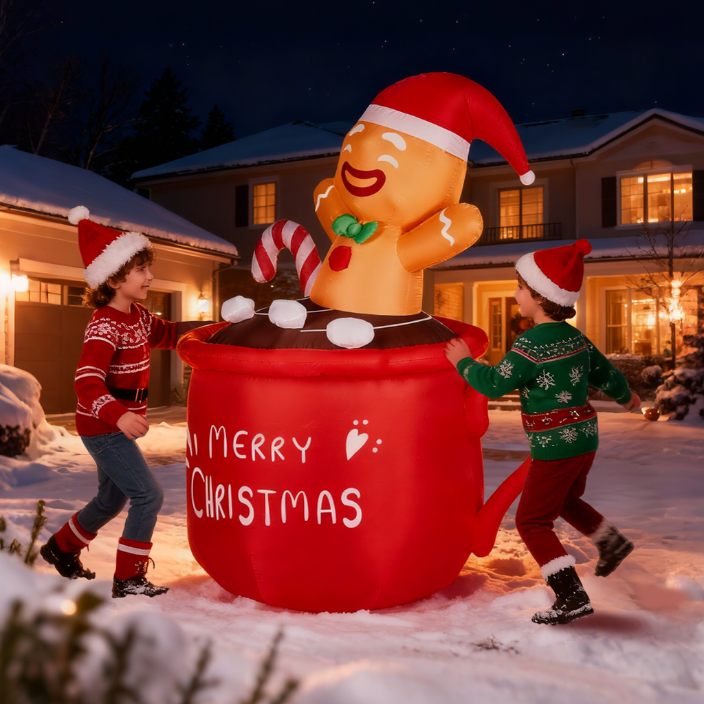 AEELLEEA-Christmas Inflatable Decoration, Gingerbread Man in Hot Cocoa Cup with Warm White LED Lights, Indoor Outdoor Holiday Yard Decor