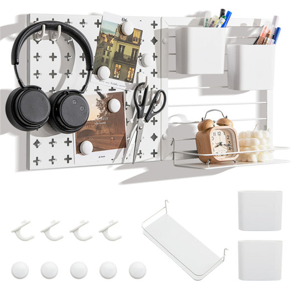 AEELLEEA Wall-Mounted Pegboard Organizer with Storage Bins, Hooks, Magnets and Shelf, Metal Wall Storage for Kitchen or Office