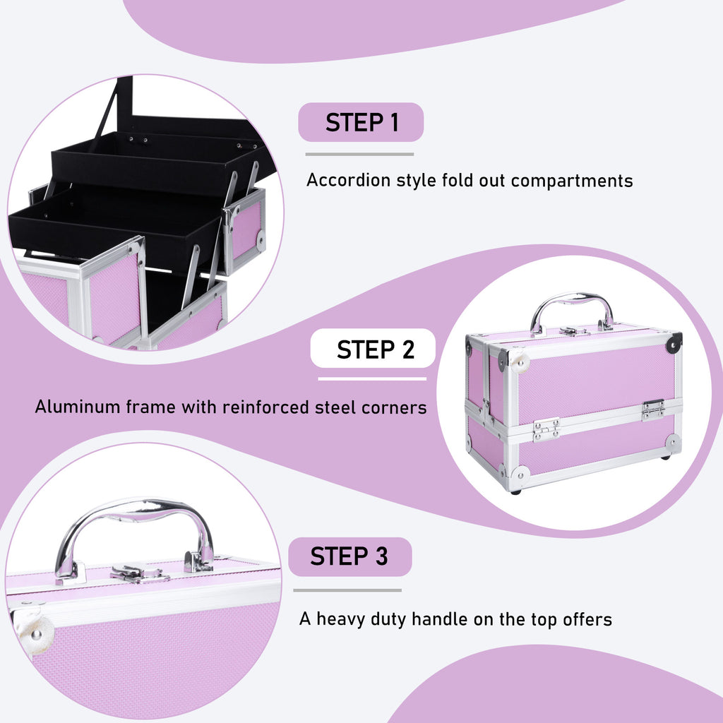 Makeup Train Case Makeup Box 9x6x6 Inch Makeup Organizer Box with Mirror, Portable Travel Cosmetic Case, Handheld Makeup Storage Carrying Bag