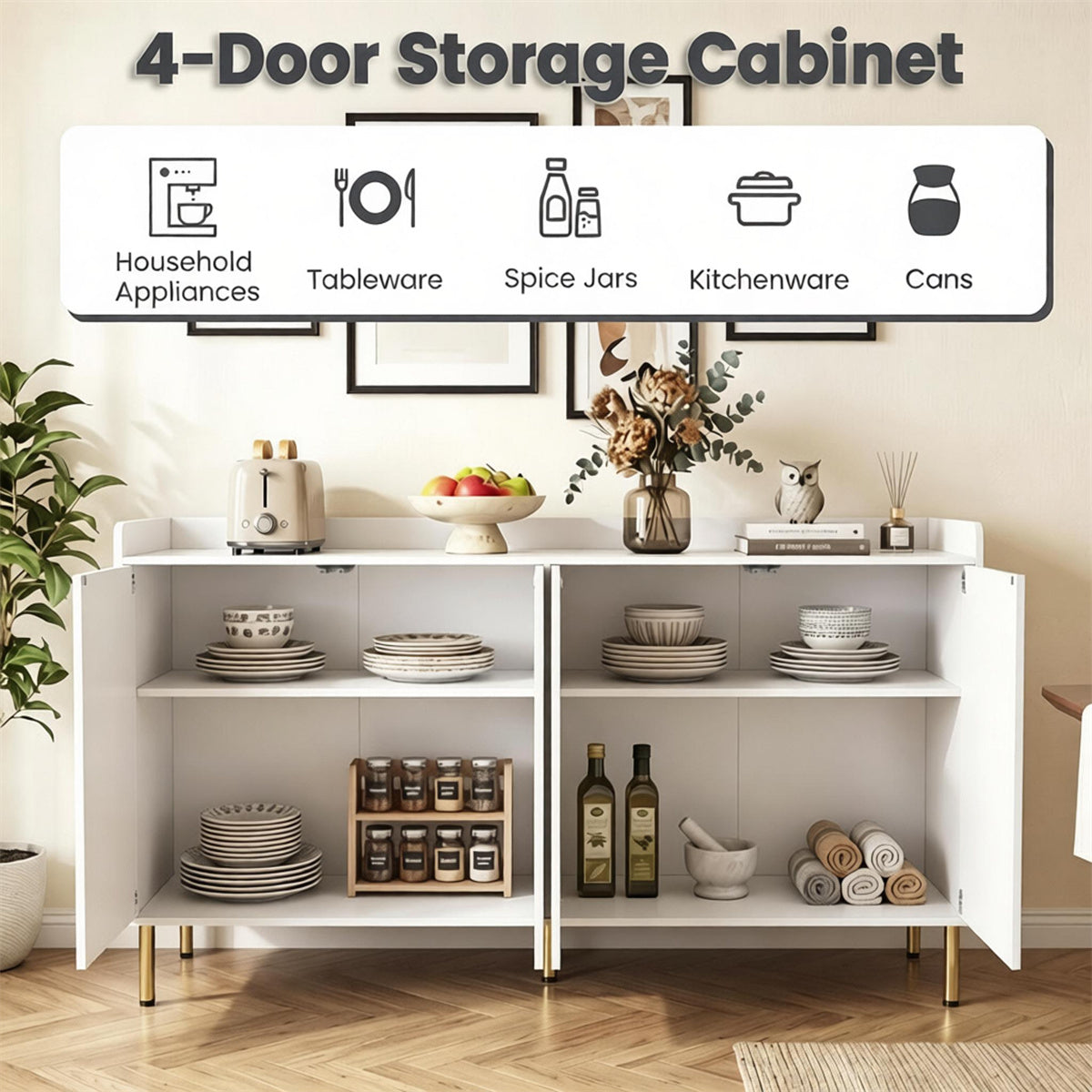AEELLEEA 55"W White 4-Door Storage Sideboard Cabinet, 33"H Buffet Cabinet with Gold Metal Legs for Kitchen Dining Room