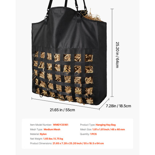 Horse Slow Feeder Hay Bag, 21.65"x7.28"x25.2" Hanging Nylon Hay Bag with 1.81" Holes, Adjustable Straps