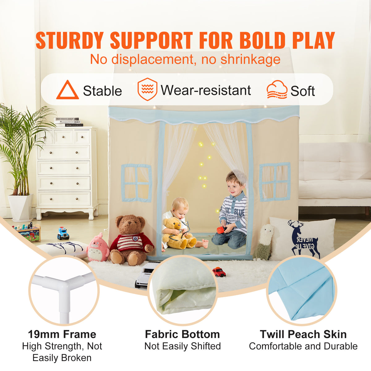AEELLEEA Beige Kids Play Tent for 1-5Y, Indoor Outdoor Toddler Tent with Damp-Proof Mat & Lamp, Window for Boys Girls