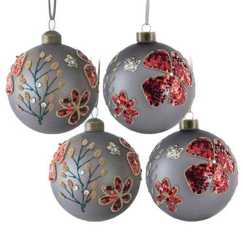 Christmas Ornaments 4 Pack, Embroidered Ball with Red Glitter Flowers and Rhinestones, Hanging Tree Decor