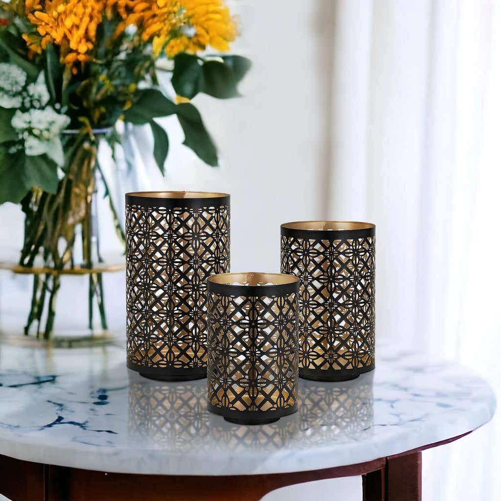 AEELLEEA Set of 3 Metal Lantern Candle Holders, Moroccan Lattice Cutout, Black & Gold Hollow Candle Decor for Entryway Table