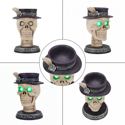 AEELLEEA Halloween Resin Skull Candle Holder ，Feather Top Hat Gothic Statue, Spooky Tabletop Decor for Party
