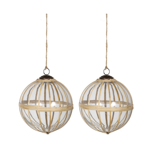 AEELLEEA 5" Natural Rattan Wrapped Glass Christmas Ornament, Set of 2, Rustic Hanging Glass Ball for Christmas Tree Holiday Home Decor