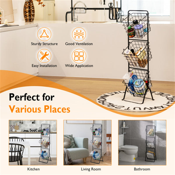 AEELLEEA 3-Tier Wire Basket Storage Rack, Adjustable Freestanding Metal Organizer with Removable Baskets, Black