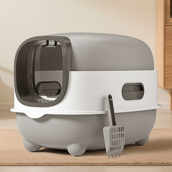 AEELLEEA Enclosed Cat Litter Box with Removable Lid, Litter Tracking Filter, Scoop Included, Gray and White, 22.05 x 15.75 x 15.75 in