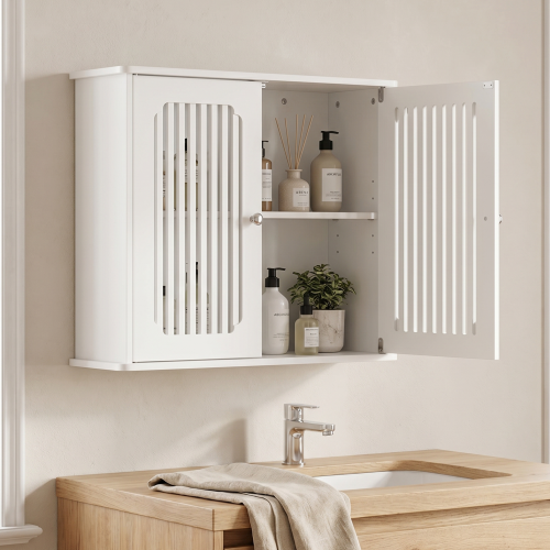 Wall Mounted Bathroom Cabinet, White Double Door Cabinet with Slat Grill Design, 24" Wood Storage Cabinet