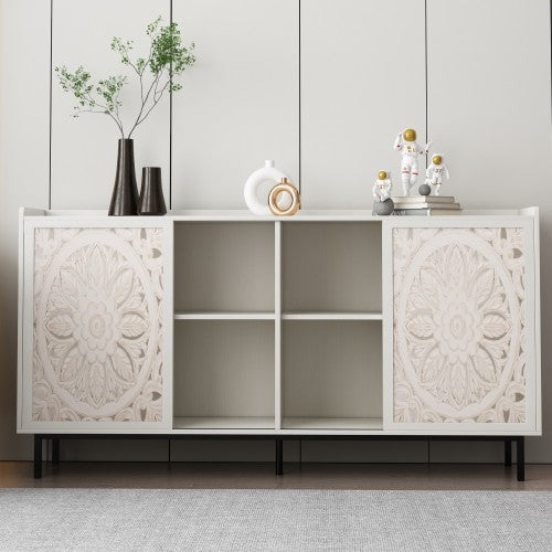 AEELLEEA 58.6" White Sideboard Buffet Cabinet with 2 Carved Doors, 4 Open Shelves, Farmhouse Storage Cabinet for Living Room