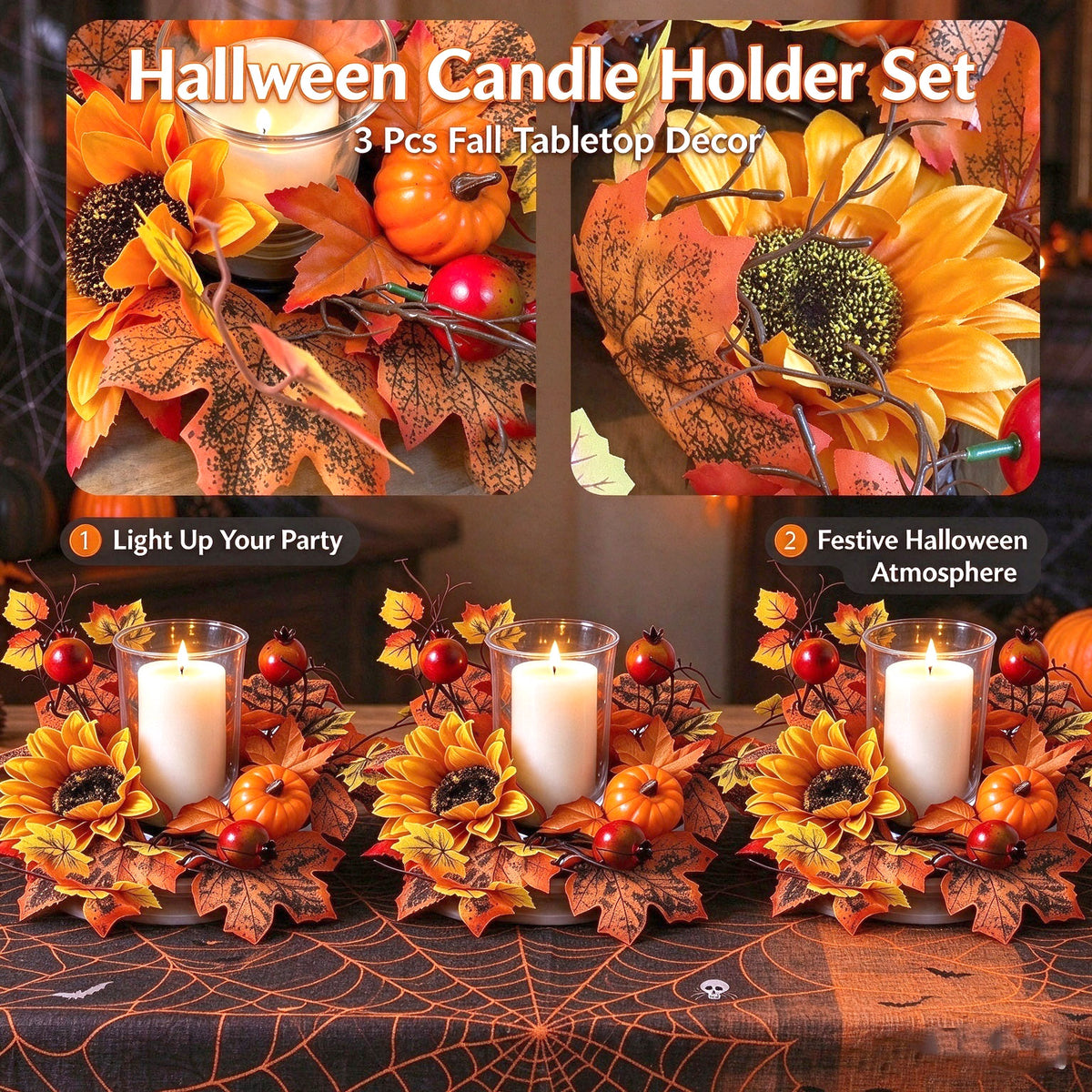3-Piece Fall Candle Ring Set, Maple Leaf, Sunflower and Pumpkin Wreaths, Berry Leaf Pillar Candle Holders, Table Decor